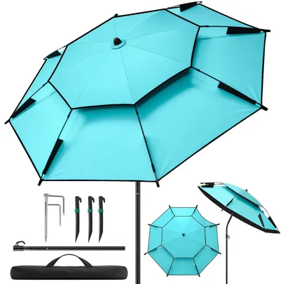 Image de Parasol de plage - 2 mètres - Parasol de jardin - Double couche - Protection UV - Imperméable - Pour 3 à 4 personnes - Couleur bleu ciel