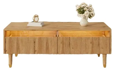Immagine prodotto di Tavolino – Tavolino da soggiorno con due cassetti – Materiale composito resistente – Colore beige naturale – Design salvaspazio
