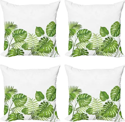 Produktbild von ABAKUHAUS Blatt Kissenbezug Set (4 Stück), Laub wirbelt Botanic, Moderner Doppelseitiger Digitaldruck, 50 cm x 50 cm, Blasses Grün