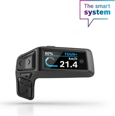 A black Bosch Purion 200 e-bike display unit is shown against a white background. The display shows '80%', 'TOUR+', 'km/h', and '21.4'. There are also buttons on the side of the unit.