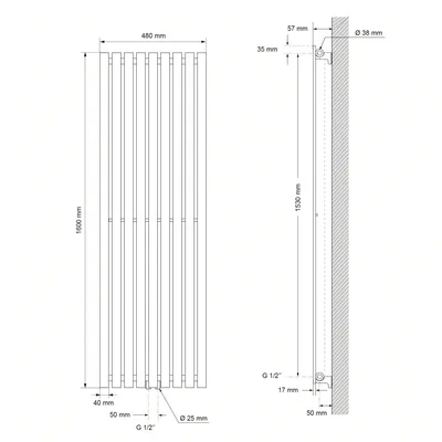 Zdjęcie produktu dla Grzejnik płytowy LuxeBath, jednowarstwowy, 480x1600 mm, biały, z podłączeniem środkowym, bez elementu grzejnego