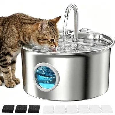Produktbild von Katzenbrunnen Edelstahl, Trinkbrunnen Katze, Wasserbrunnen, 2.6L Große Kapazität, Leise, mit Wasserstandsfenster, für Katzen Hunde