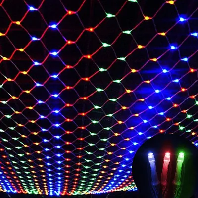 A close-up view of a net of colorful LED lights against a dark background.