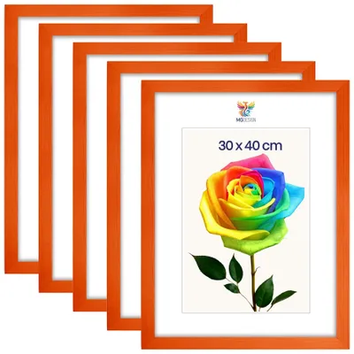 Produktbild von MG Design 5er Set Bilderrahmen Orange 30x40 cm - Echtholzrahmen mit Acrylglas, hoch/quer, zum Aufhängen & Aufstellen