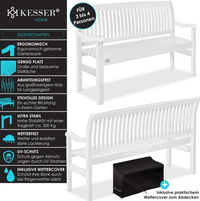 A white wooden garden bench is shown with descriptive text and icons on the left side.
