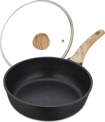 Image de Poêle à mijoter Relaxdays, Ø 28 cm, couvercle en verre, aluminium, revêtement antiadhésif, compatible induction, poignée Soft-Touch, noir/naturel
