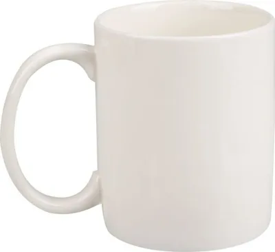 A white ceramic mug with a handle is shown against a white background.