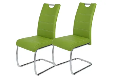 Produktbild von 2er Set Esszimmerstuhl Flora - Bezug Kunstleder Grün - Metallgestell verchromt - 120kg belastbar - Lehne mit Griff