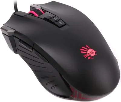 A black gaming mouse with pink accents and a red logo.