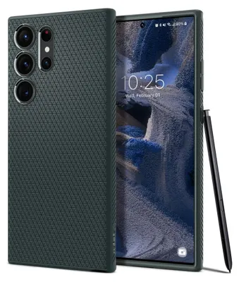 A dark green phone case is shown next to a smartphone with a dark wallpaper.