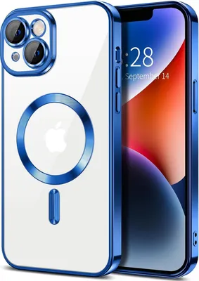 Image de Coque magnétique transparente pour iPhone 14 Plus, compatible MagSafe, coque de protection galvanisée avec protection de l'appareil photo Bleu