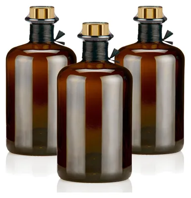 Produktbild von Apothekerflasche braun 500ml mit Korken, Flaschenkapseln & Bastband, 3 Braunglas Flaschen 0,5L leer Korken gold Siegel schwarz