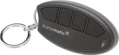 Produktbild von HomeMatic Schlüsselbundfernbedienung Alarm, 4 Tasten, Schwarz, 38x75x14mm (BxHxT), 38g, 200m Funkreichweite, 2 Jahre Batterielaufzeit, robustes glasfaserverstärktes halogenfreies Gehäuse, schlüsselbundtauglich, Quittungs-LED, IP20 Schutzart, kompatibel mit Homematic IP Access Point, Zentrale CCU2/CCU3, Raspberry Pi Funkmodule, einfache App-Konfiguration, -10 bis 55°C Betriebstemperatur, 100mA Stromaufnahme.