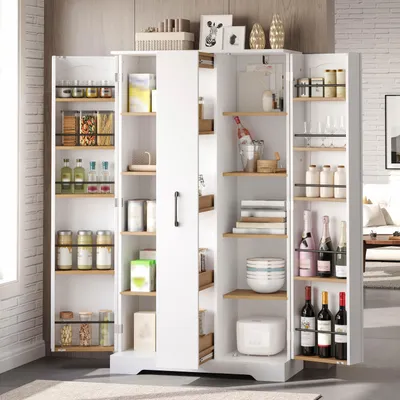 Produktbild von Merax Hochschrank Küchenschrank mit Gewürzregal, Vorratsschrank Doppeltürschrank mit 4-stufiger Auszug, verstellbare Einlegeböden, Esszimmer, Weiß