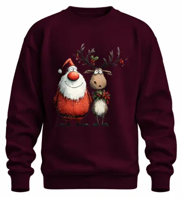 Immagine prodotto di Divertente Babbo Natale e Renna Cartoon Regalo di Natale Unisex Felpa Pullover, Borgogna, 3XL