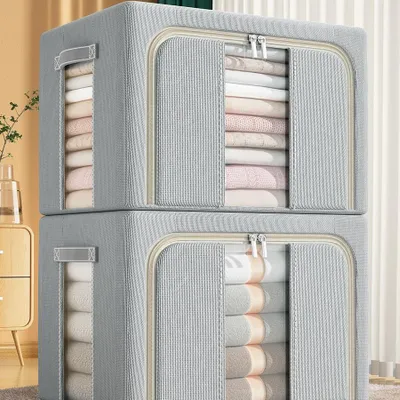 Produktbild von 2 X Faltbare Aufbewahrungsbox 24L Grau, Stoffbox mit Stahlrahmen & Sichtfenster: Stapelbare Kleideraufbewahrung für Schrank, Bettwäsche & Spielzeug