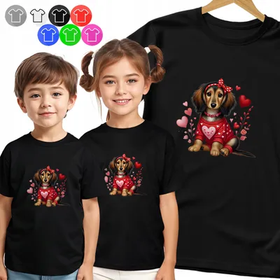 Zdjęcie produktu dla Koszulka Dziecięca T-Shirt - Jamnik Serce Walentynki Dla Dzieci - Xs