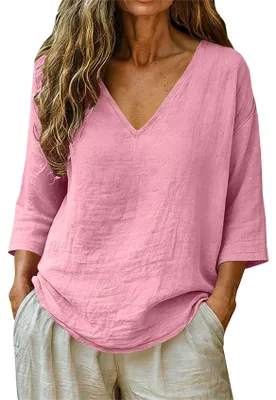 Produktbild von ASKSA Damen T-Shirt V-Ausschnitt 3/4 aermel Sommer Leinenbluse Musselin Bluse Einfarbig Casual Lose Basic Oberteile (Hellrosa,L)