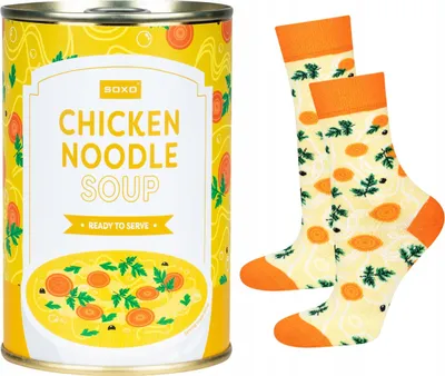 Obrázek produktu pro Ponožky v plechovce – ideální jako dárek – motiv kuřecí polévky od SOXO – dámské – bavlna – vtipné a barevné – velikost: 35–40