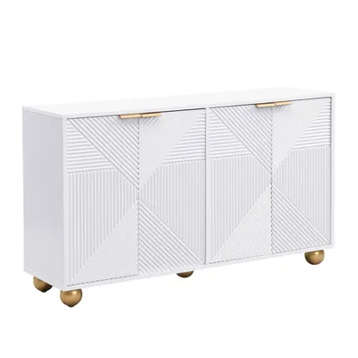 Produktbild von Sideboard mit vier geformten Türen, verstellbaren Innenböden, Metallgriffen und kugelförmigen Beinen