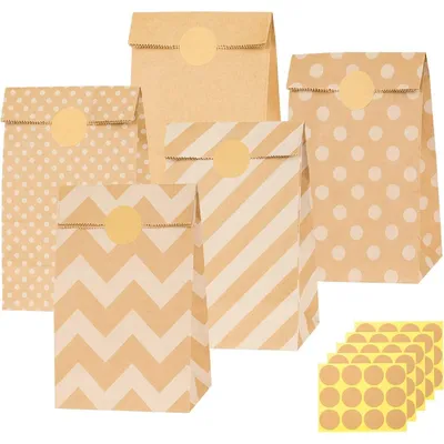 Produktbild von Papiertüten Braun 50 Stück mit 60 Aufklebern 13 x 24 x 8 cm für Geschenke & Giveaways