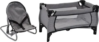 Produktbild von Bandits & Angels Puppenbett und Wippe Grey Angel – Grau Puppenmöbel – Stuhl mit Sicherheitsgurten und Griffen – Klappbett inklusive Aufbewahrungstasche – für Mädchen
