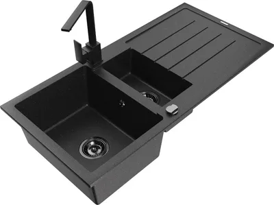 Produktbild von Mexen Andres 1,5-Becken-Granitspüle mit Abtropffläche und Mischbatterie Rita, Schwarz/Silber - 6515-73-670300-70-B