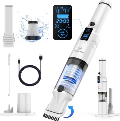 Obrázek produktu pro VICSONIC ruční vysavač, ruční akumulátorový 13000Pa/100W přenosný vysavač do auta s nabíjecí stanicí, do auta, pro domácí zvířata, lehký od 500gr（White）