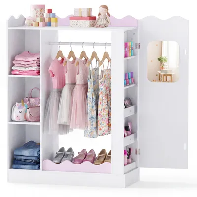Produktbild von COSTWAY Kinder Kleiderschrank, Kindergarderobe mit 2 bruchsicheren Acrylspiegeln, Kleiderstange & Regalen für Kinderzimmer, Mädchen ab 3+, Rosa