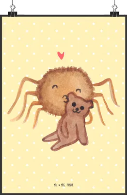 Produktbild von Mr. & Mrs. Panda Bild Spinne Agathe Teddy DIN A2 - Gelb Pastell - Geschenk, Treue, Wandbild, wanddeko, Plakat, Kunstdruck, Verliebt, Miteinander, drucke, Dankeschön