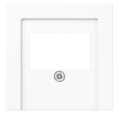 A white electrical wall plate with a blank rectangular insert and a single screw in the center.