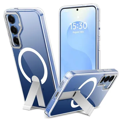 Three views of a transparent phone case with a silver kickstand and a white magnetic ring, displayed on a white background.