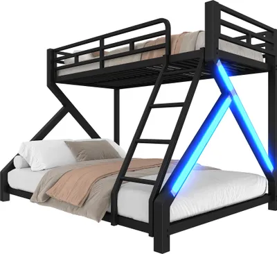 Produktbild von Merax Etagenbett 90x200cm und 140x200cm, Kinderbett aus Metall, LED-Lichtleiste, Sicherheitsgeländer, Leiter, Stockbett, Jugendbett, Schwarz