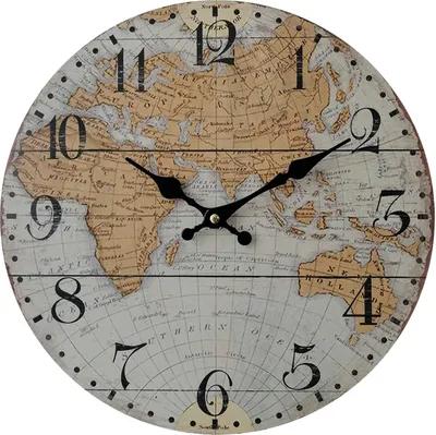 Produktbild von Rebecca Mobili Wanduhr mit Weltaufdruck aus braunem und grauem Holz Ø 33,8 cm