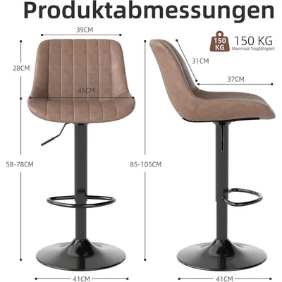 Productafbeelding van Barstoelen, set van 2, draaibaar, met rugleuning, in hoogte verstelbaar, bruin, bekleed met Polyurethanleer