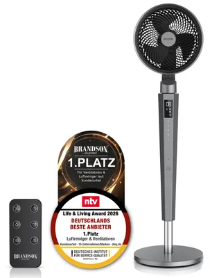 Produktbild von Brandson Standventilator NTV Sieger 2026 mit Fernbedienung, leise, DC-Motor, 40 W, 3D Oszillation, Timer, 24 Geschwindigkeiten, höhenverstellbar