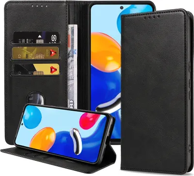 Produktbild von Smartphonica Handytasche geeignet für Xiaomi Redmi Note 11 / 11S Kunstledertasche mit Magnetverschluss und Kartenhalter Buchhülle mit Klappe - Schwarz