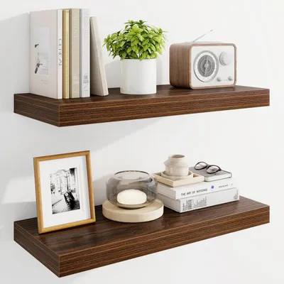 Immagine prodotto di Mensole sospese da parete in legno, set da 2, stile rustico, noce, 61 cm