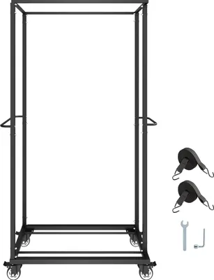A black metal folding chair cart with wheels, shown against a white background. Two black tie-down straps and a wrench are placed to the right of the cart.