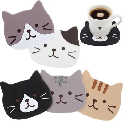 Image de 5 dessous de verre en forme de chat - Dessous de verre en silicone - Motif chat - Résistant à la chaleur - Antidérapant - Dessous de verre pour table et bureau