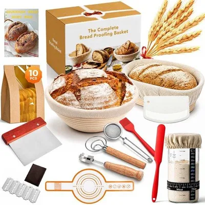 Produktbild von Rijsmand-Sauerteig-Starter-Set mit 2 Rattan-Gärkörben (25 cm oval und 23 cm rund), Sauerteigglas und komplettes Set mit Zubehör für die Brotherstellung