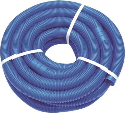 A coiled blue hose secured with white straps against a white background.