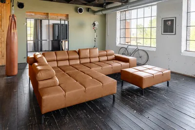 Produktbild von KAWOLA Sofa NELSON Ecksofa Leder cognac mit motorischem Sitzvorzug und Hocker Recamiere links