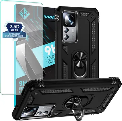 Produktbild von Armor Outdoor Handyhülle für Xiaomi 12T / 12T Pro Handy Panzer Case Schutzhülle mit 9H Displayglas Displayschutz Farbe: Schwarz