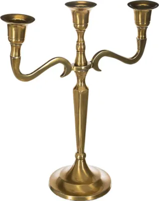 A brass candelabra with three candle holders is shown against a white background.