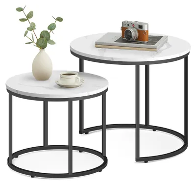 Produktbild von Couchtisch 2er Set Rund Beistelltisch Loft Design 2 in 1 Verschachtelung kratzfeste Oberfläche, Wohnzimmer Marmor Optik mit schwarzen Beinen