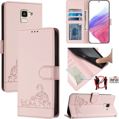 Produktbild von Leder Hülle für Samsung Galaxy J6 2018 Süße Katze Flip Case Brieftasche Schutzhülle mit Standfunktion Pink
