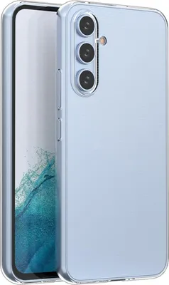 A light blue phone case is shown from a diagonal angle, with the phone inside.