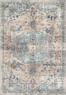 A flat lay of a vintage-style rug with a distressed pattern.