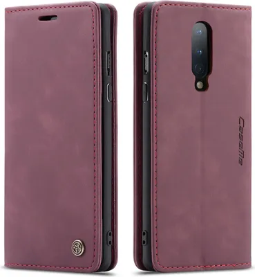 Immagine prodotto di Custodia OnePlus 8, custodia retrò in Finto cuoio, tasche per carte, chiusura magnetica, custodia con funzione stand per OnePlus 8 rosso
